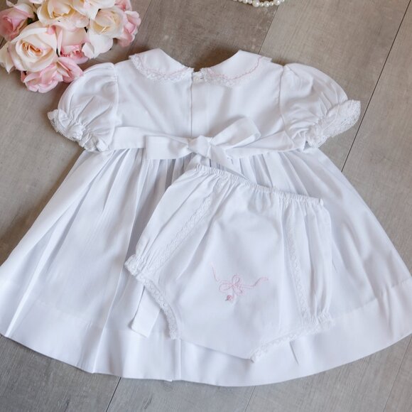 White Dress Feltman Brothers Friedknit Pink Embroidery Special Diaper Cover NWOT - Picture 5 of 9